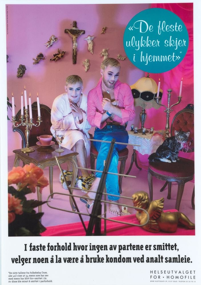 "De fleste ulykker skier i hjemmet" poster from Gay and Lesbian Health Norway (Helseutvalget) poster campaign series for preventive work and to promote safer sex. Photo: Fin Serck-Hanssen