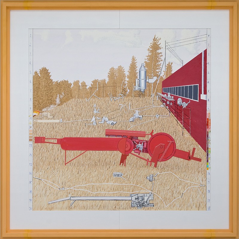 Stort høstbilde med rød maskin i tørt gress (2011) — Leonard Rickhard
